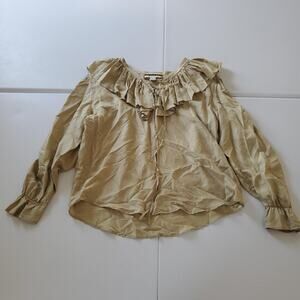 90s Vintage Renaissance Blouse Womens Small Green Silk Ruffle Lace Up Whimsy